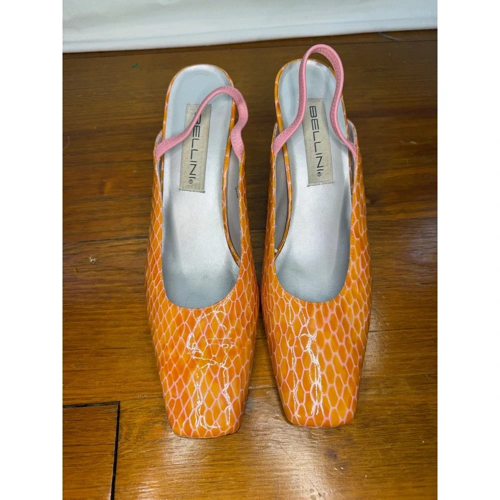 Bellini Monzo Orange Snakeskin Slingback Square Toe Block Heels Womens 10M